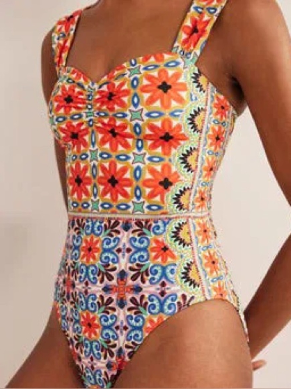 Boden Multicolor Floral-Print Swimsuit with Orange & Blue Accents
